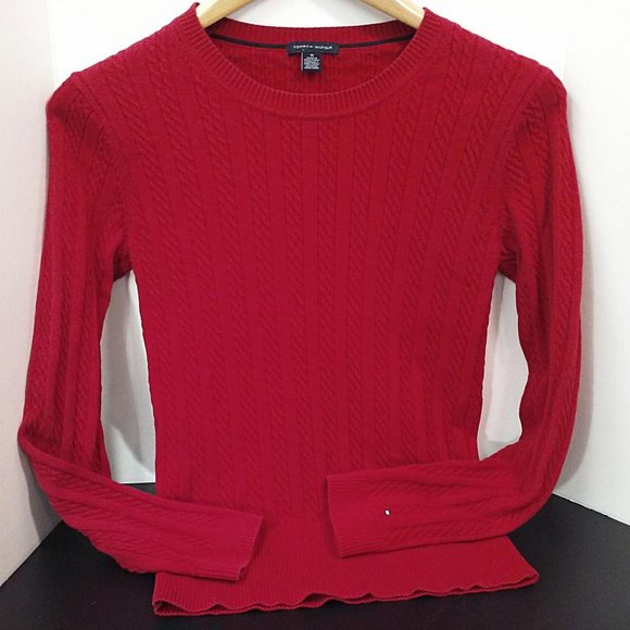Y2k-2008 Tommy Hilfiger Ribbed Cable Knit Crewneck Sweater Ladies -M Cotton Red - Picture 1 of 8